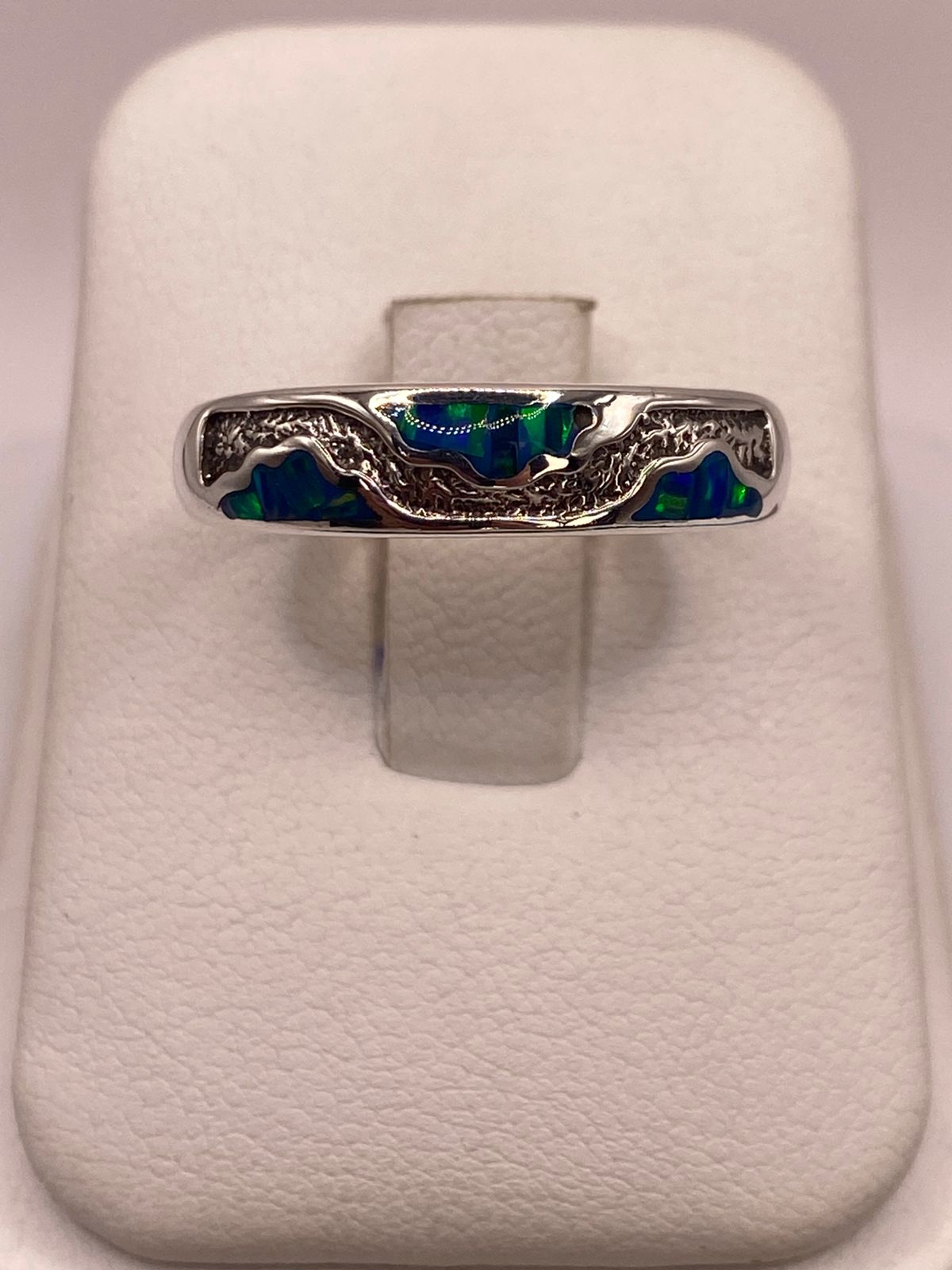 Argolla Ópalo de Fuego Azul-verde Ondas Artesanales Plata 950
