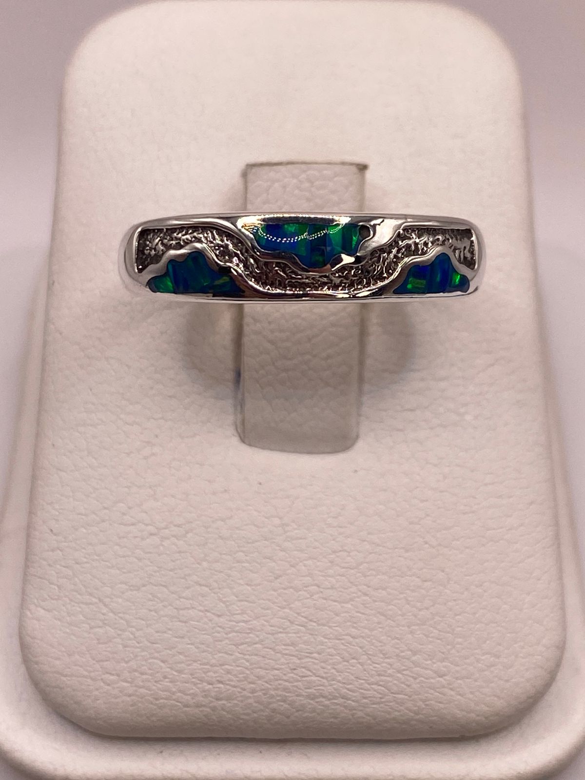 Argolla Ópalo de Fuego Azul-verde Ondas Artesanales Plata 950