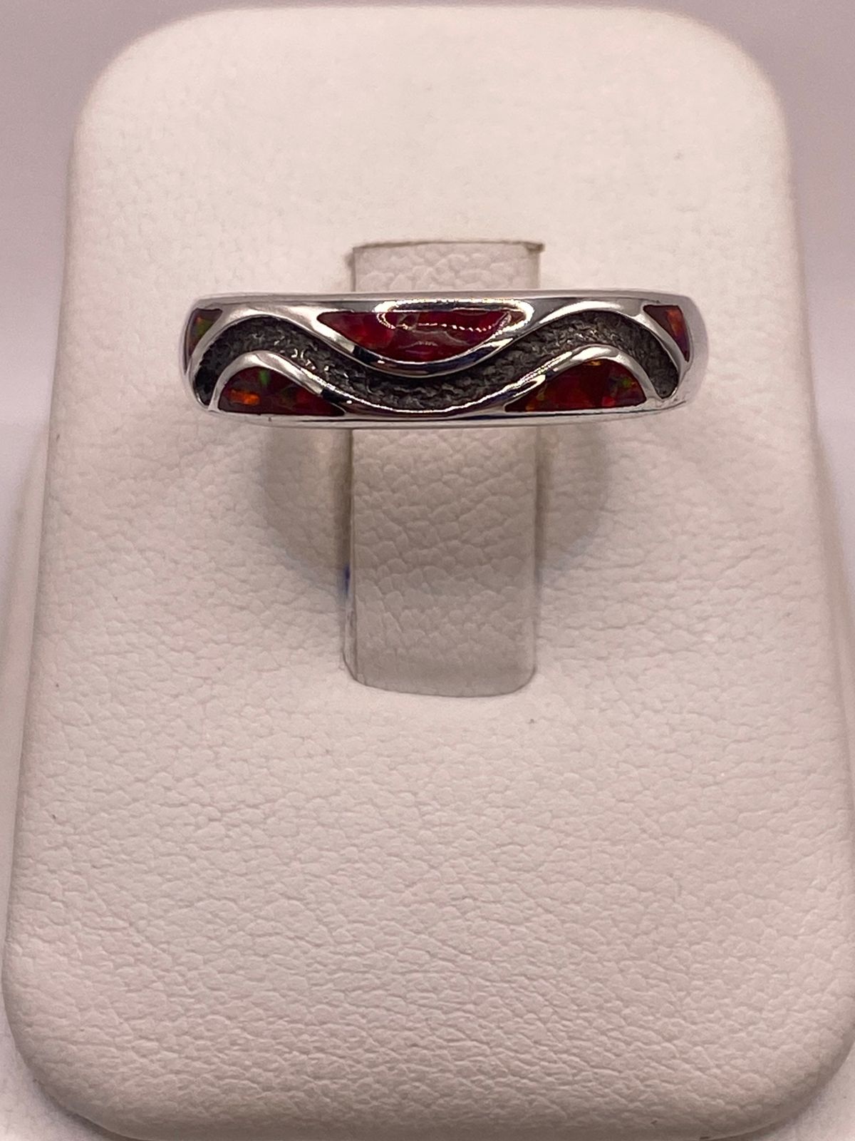 Argolla Ópalo de Fuego Rojo-naranja Ondas Artesanales Plata 950