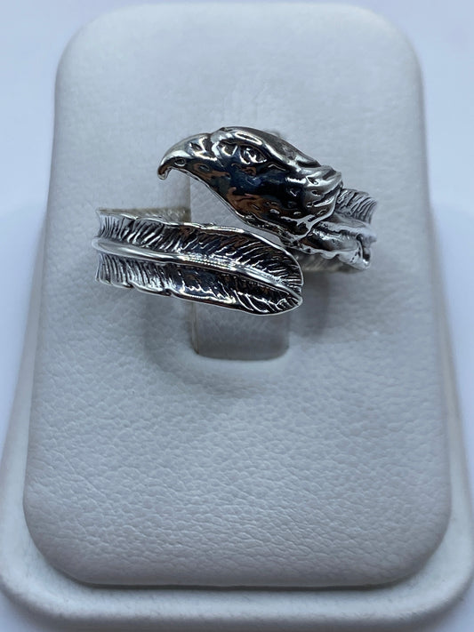 Anillo de plata .925 con cabeza de águila tallada, ajustable, diseño étnico de Taxco