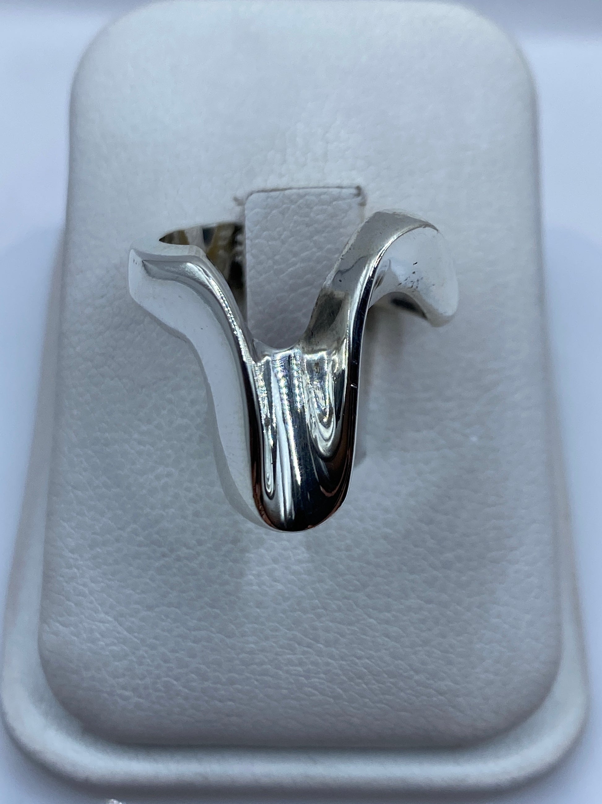 Anillo de plata voluminoso liso en estuche blanco, vista frontal