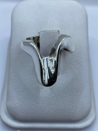 Anillo de plata voluminoso liso en estuche blanco, vista frontal