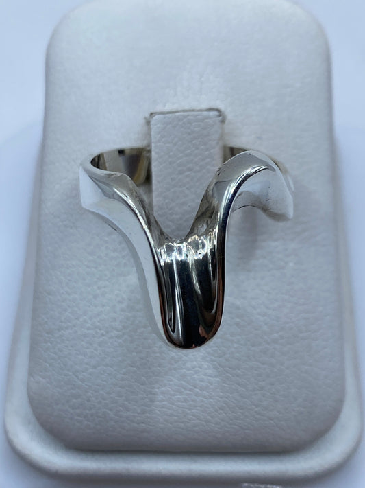 Anillo de plata fluido y moderno visto de frente en estuche blanco