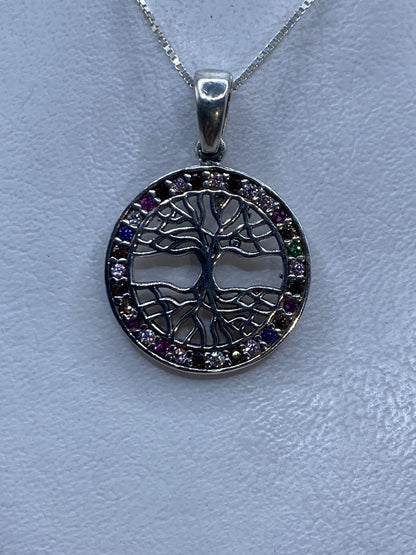 Dije Árbol de la Vida en plata .925 con circonia multicolor colgando de cadena