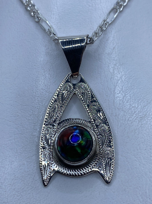 Dije tetra de plata .925 con ópalo de fuego multicolor en cadena plateada
