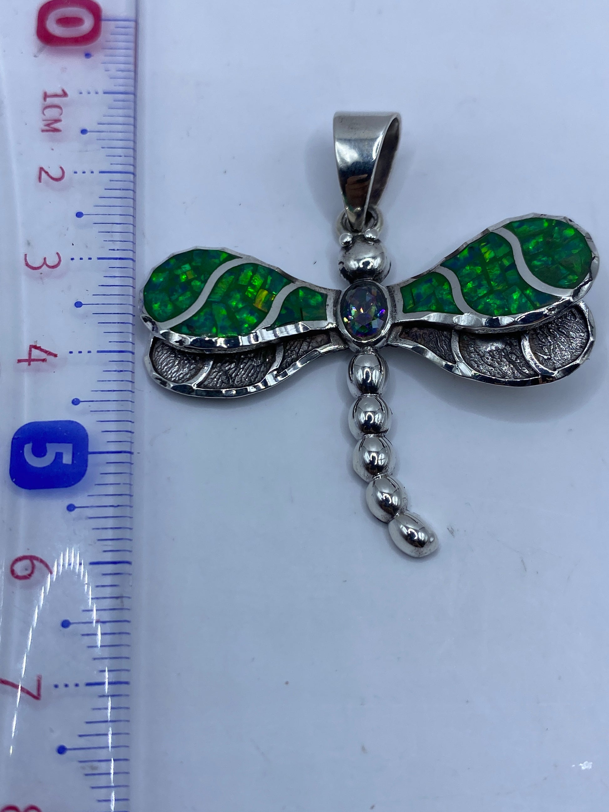 Dije libélula junto a regla mostrando largo de 5.6 cm