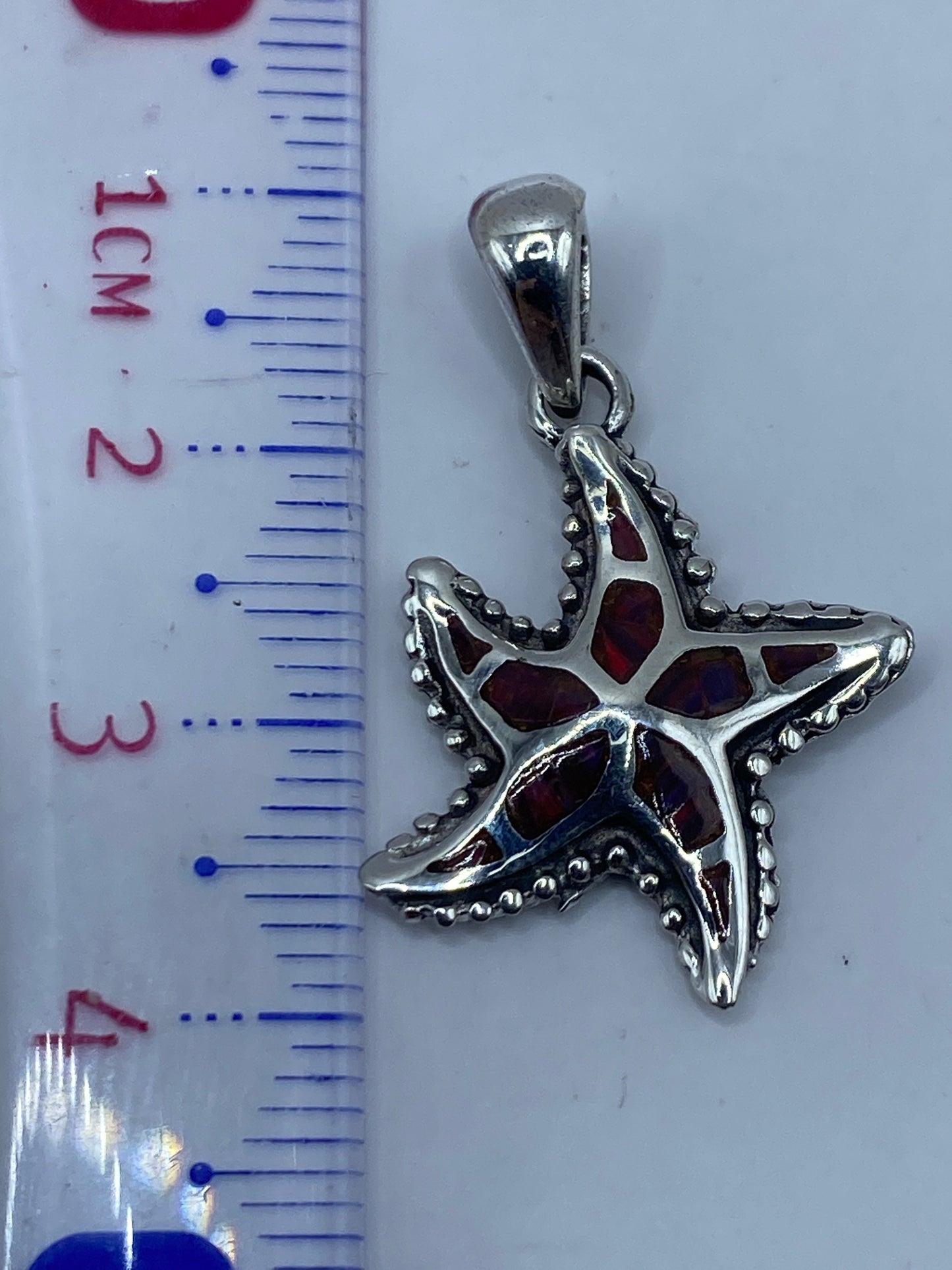 Dije de estrella de mar sobre regla métrica, midiendo 3.9 cm de largo