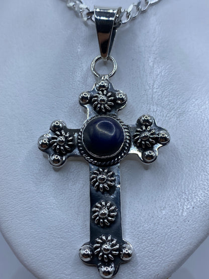 Dije cruz de plata .925 con onix azul en el centro, 8 cm de largo