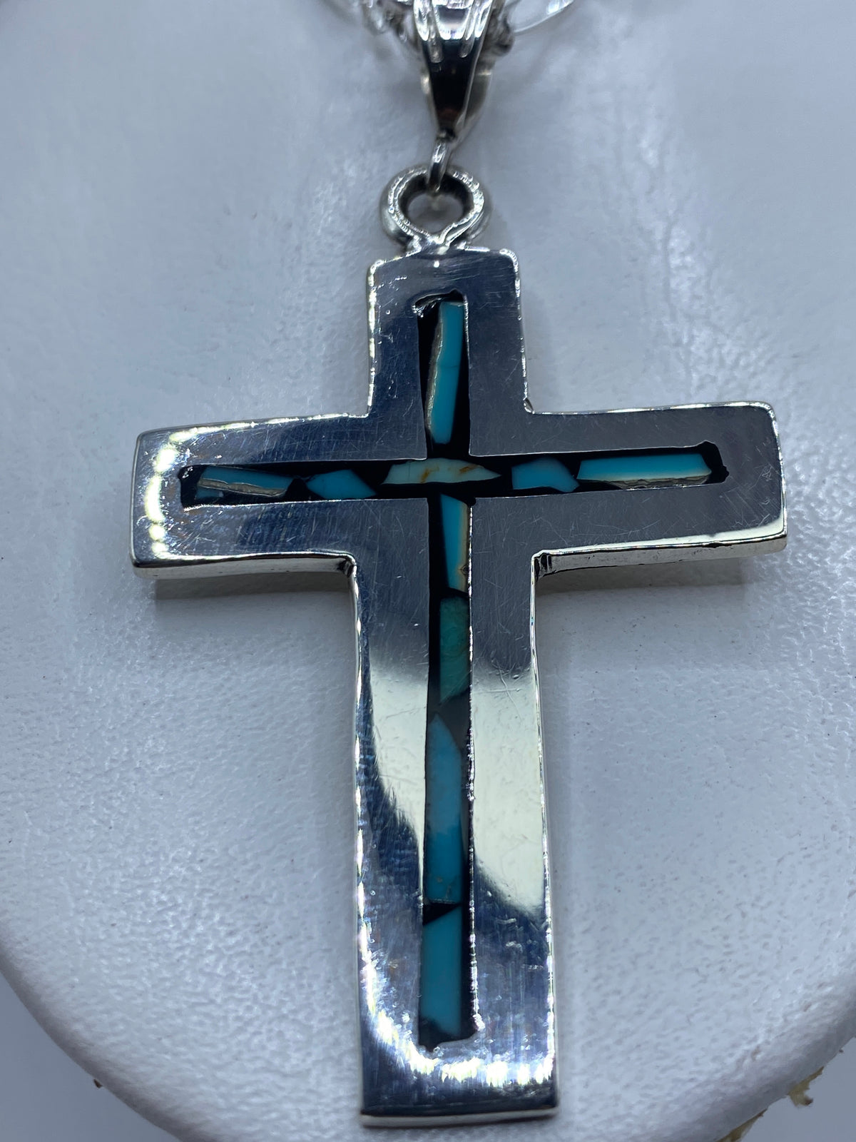 Dije cruz de plata .950 con turquesa azul cielo engastada, colgante de 7.6 cm
