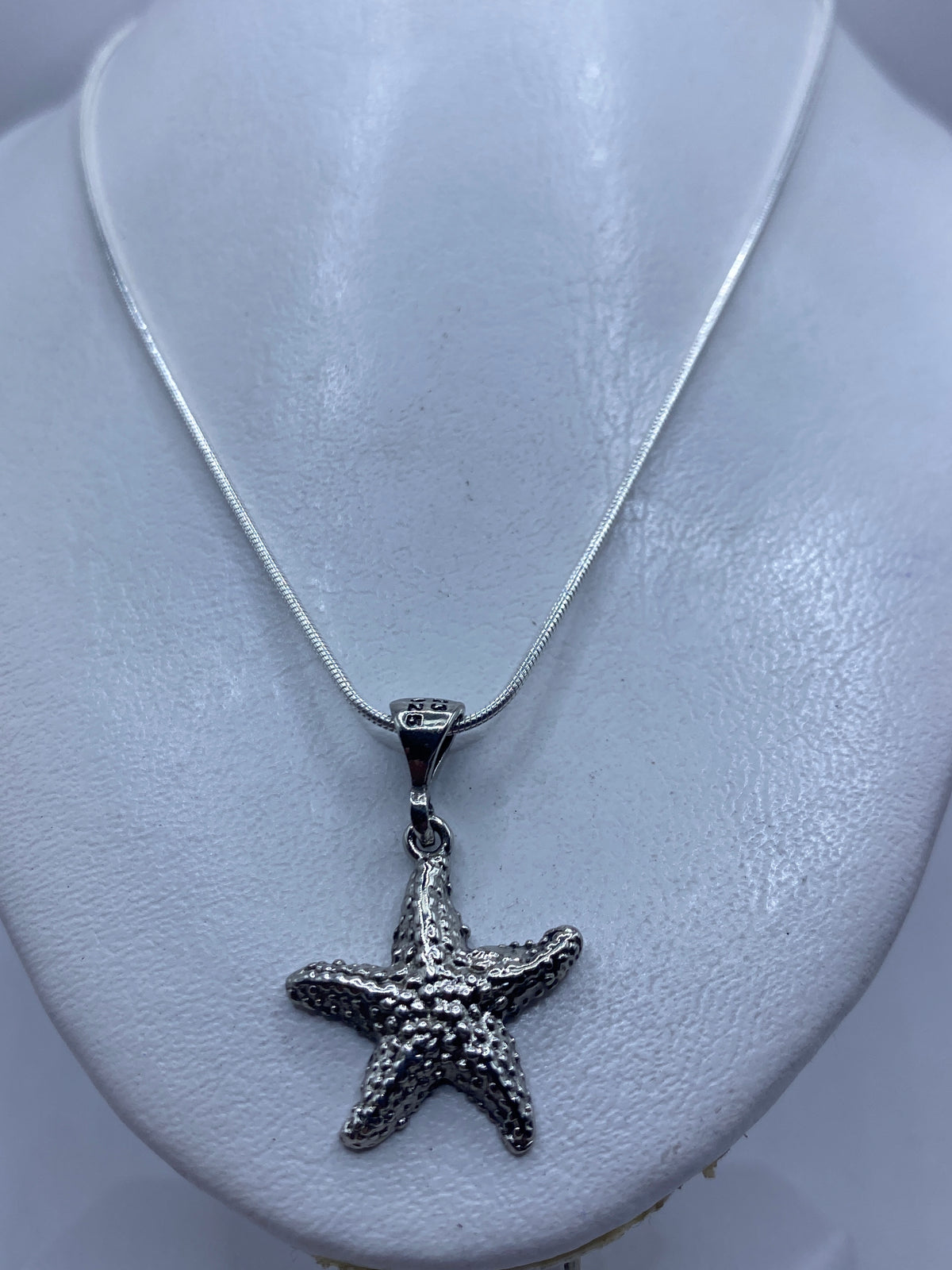 Dije estrella de mar en plata granulada sobre cadena de eslabones, colgando al cuello
