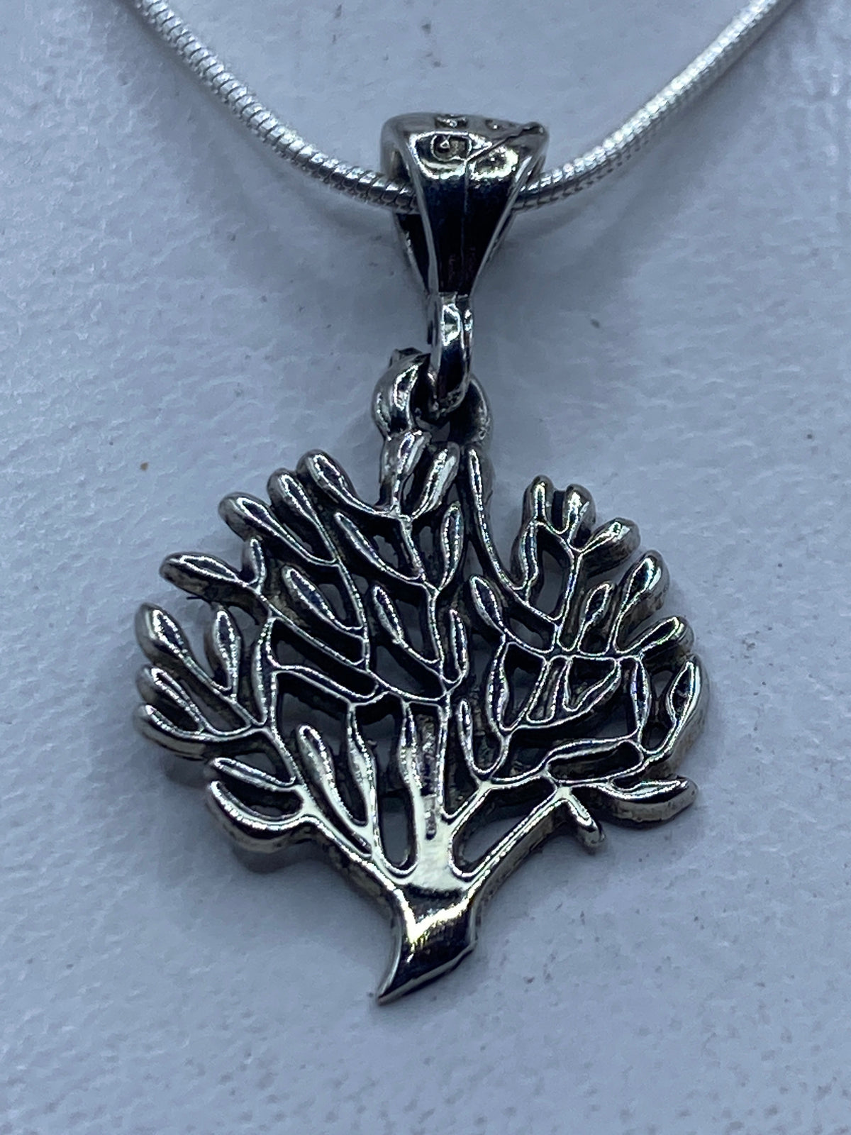Dije de plata con forma de coral marino ramificado en relieve, colgando de cadena de plata