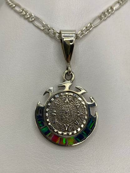 Dije de plata 950 con Piedra del Sol prehispánica y ópalo de fuego multicolor