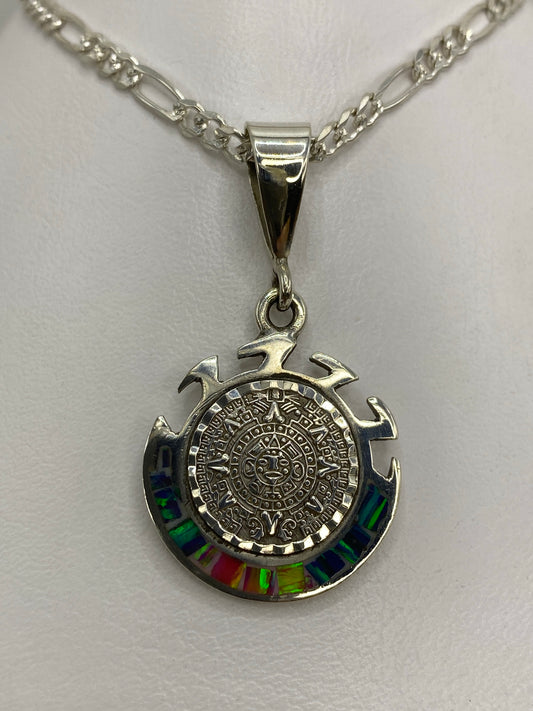 Dije de plata 950 con Piedra del Sol prehispánica y ópalo de fuego multicolor