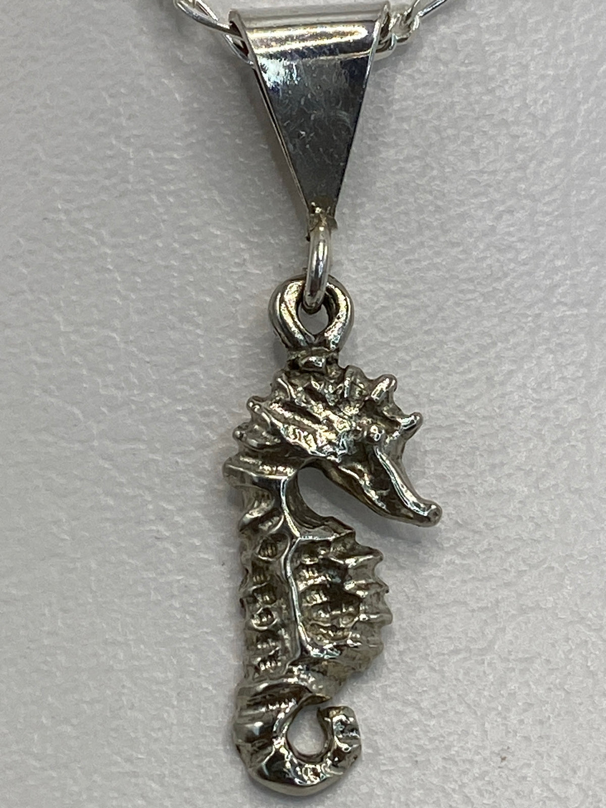 Dije de plata caballito de mar junto a una cadena figaro plateada, vista lateral