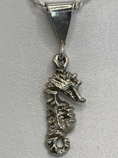 Dije de plata caballito de mar junto a una cadena figaro plateada, vista lateral