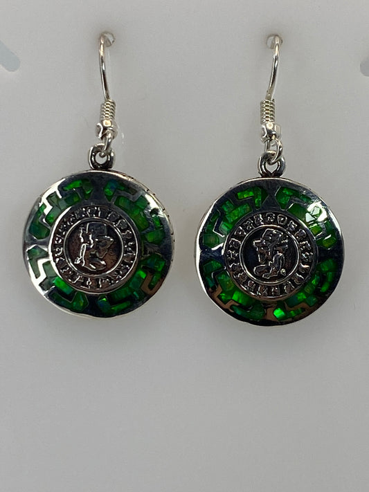 Aretes de plata 950 con ópalo de fuego verde limón, diseño circular prehispánico, 3.8 cm