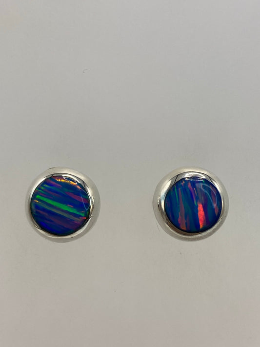 Par de aretes de plata 925 con ópalo de fuego multicolor, detalles verdes, rojos y naranjas