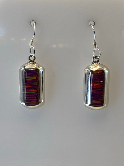 Par de aretes de plata 925 con ópalo de fuego multicolor, engastados a mano, largo 3 cm