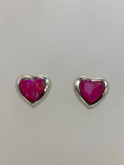 Aretes de plata con ópalo de fuego rosa, tamaño pequeño, engastados a mano