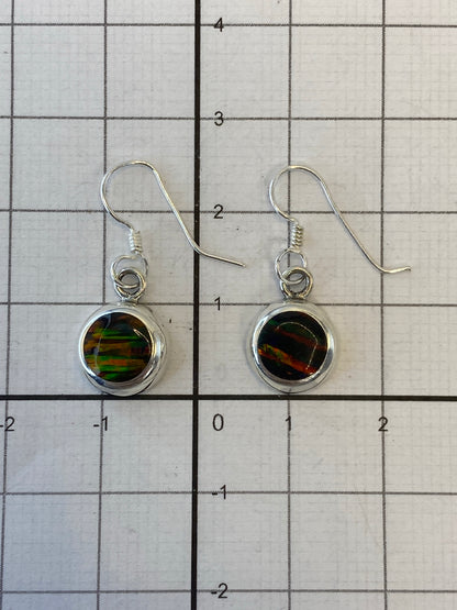Back view of silver fire opal earrings showing hallmark 950 and hand-set stone detail