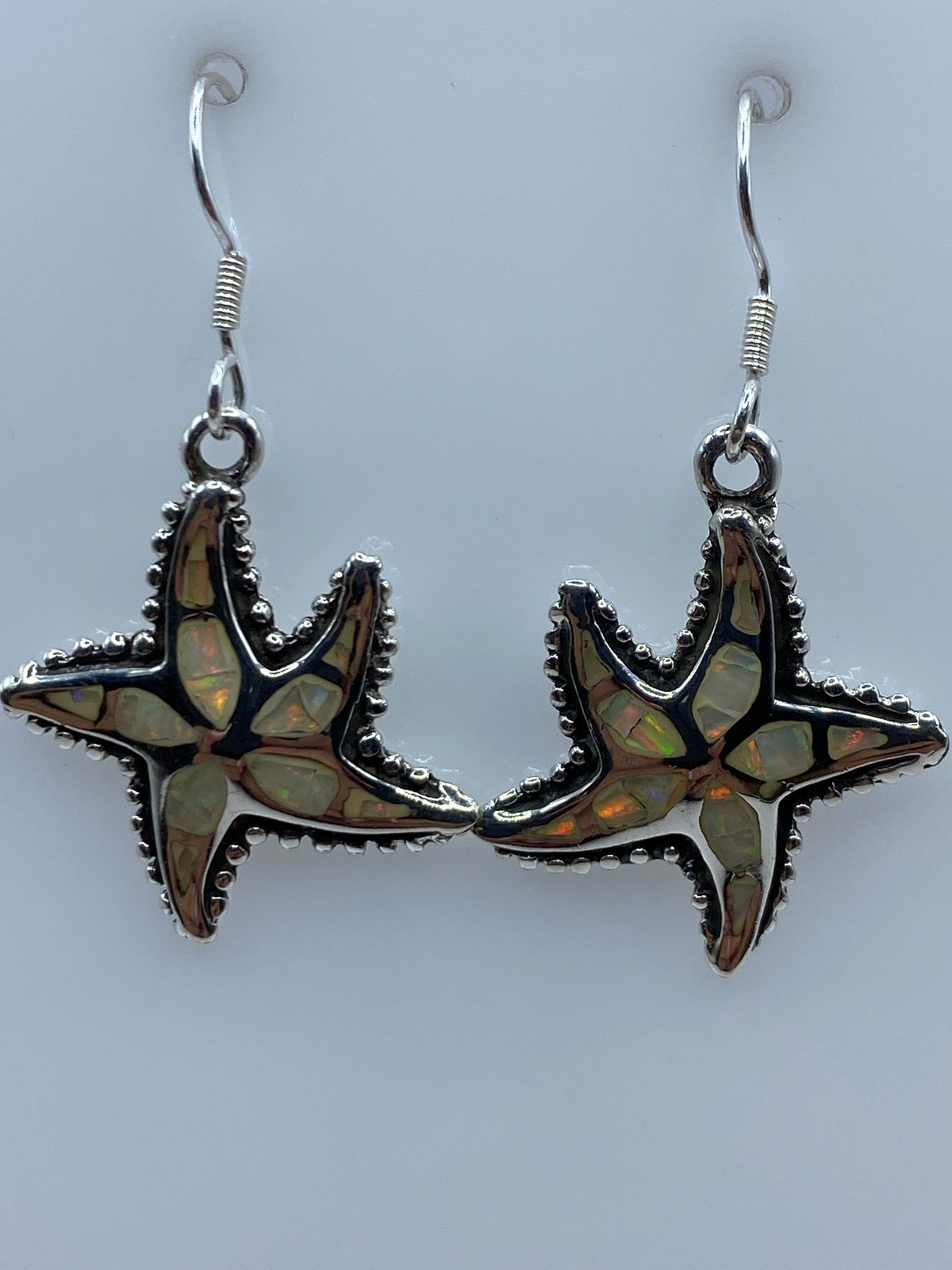 Aretes de ópalo colocados en caja de regalo azul con gancho de plata