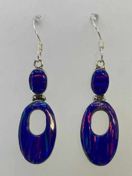 Par de aretes de plata 950 con ópalo de fuego multicolor rojo, verde y azul, 4 cm de largo