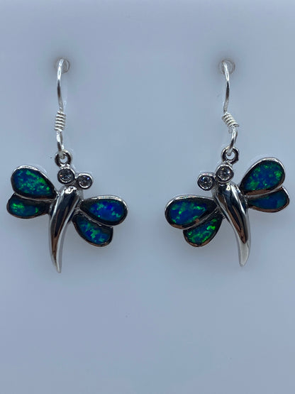 Par de aretes de plata con Ópalo de Fuego azul, 2.7 cm, gancho espiral