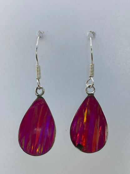 Aretes de plata con ópalo de fuego rosa en forma de gota de 3.5 cm, par completo
