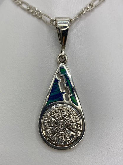 Dije de plata 925 con Piedra del Sol azteca y Ópalo de Fuego azul verdoso
