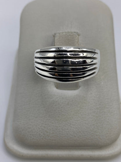 Anillo de plata 925 con cinco bandas paralelas en el dedo medio, vista frontal