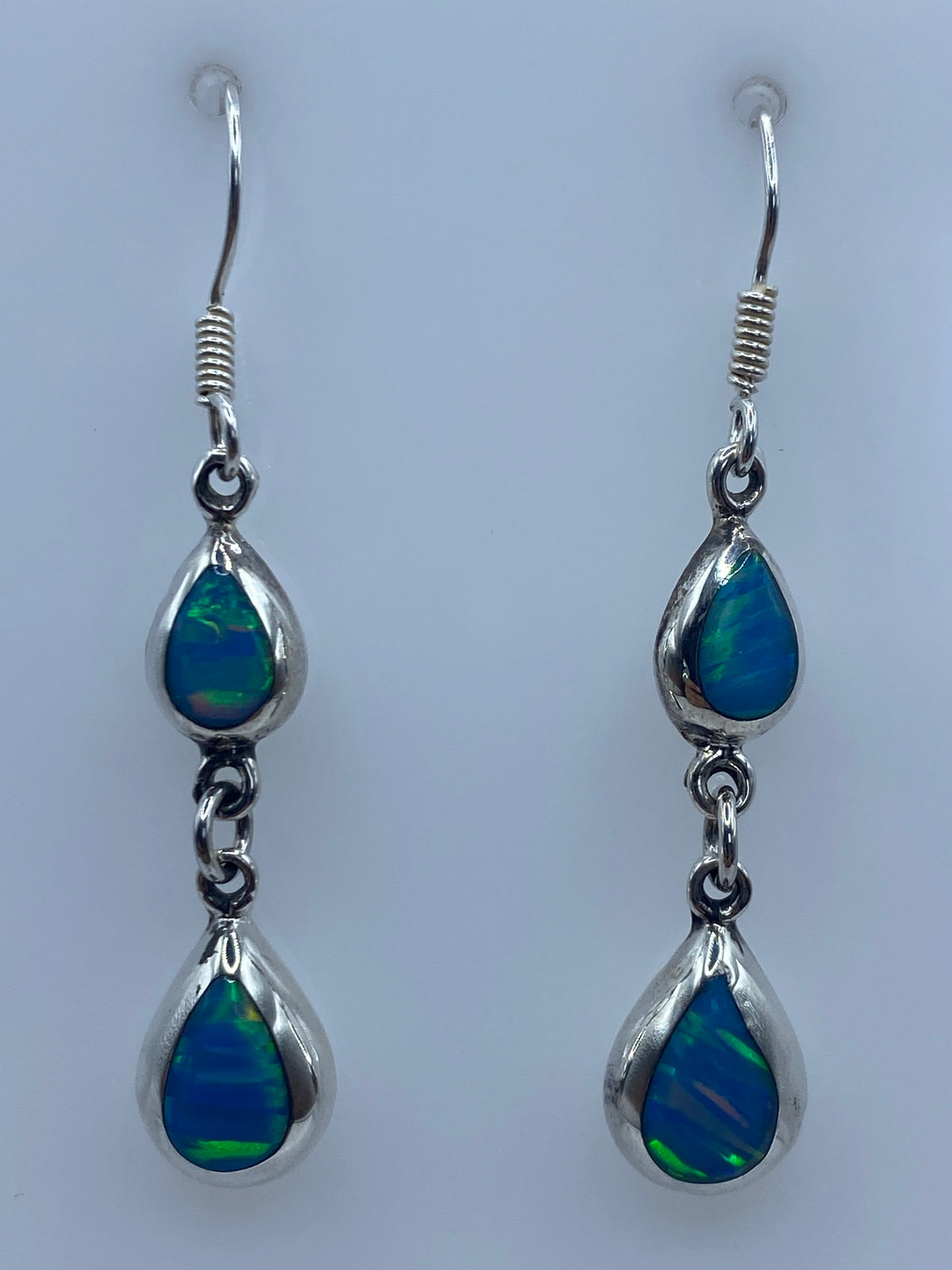 Par de aretes de plata 925 con ópalo de Fuego azul cielo, de 4 cm de largo