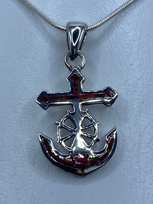 Dije de plata 950 con ancla, cruz y ópalo de fuego multicolor en cadena plateada