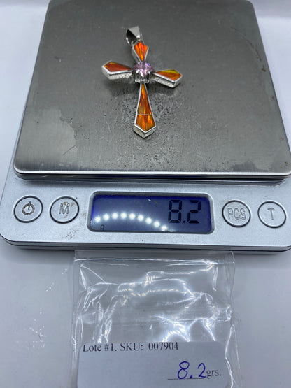 Dije Cruz Religiosa Ópalo Fuego y Circonia Rosa — Plata 950 — foto 6