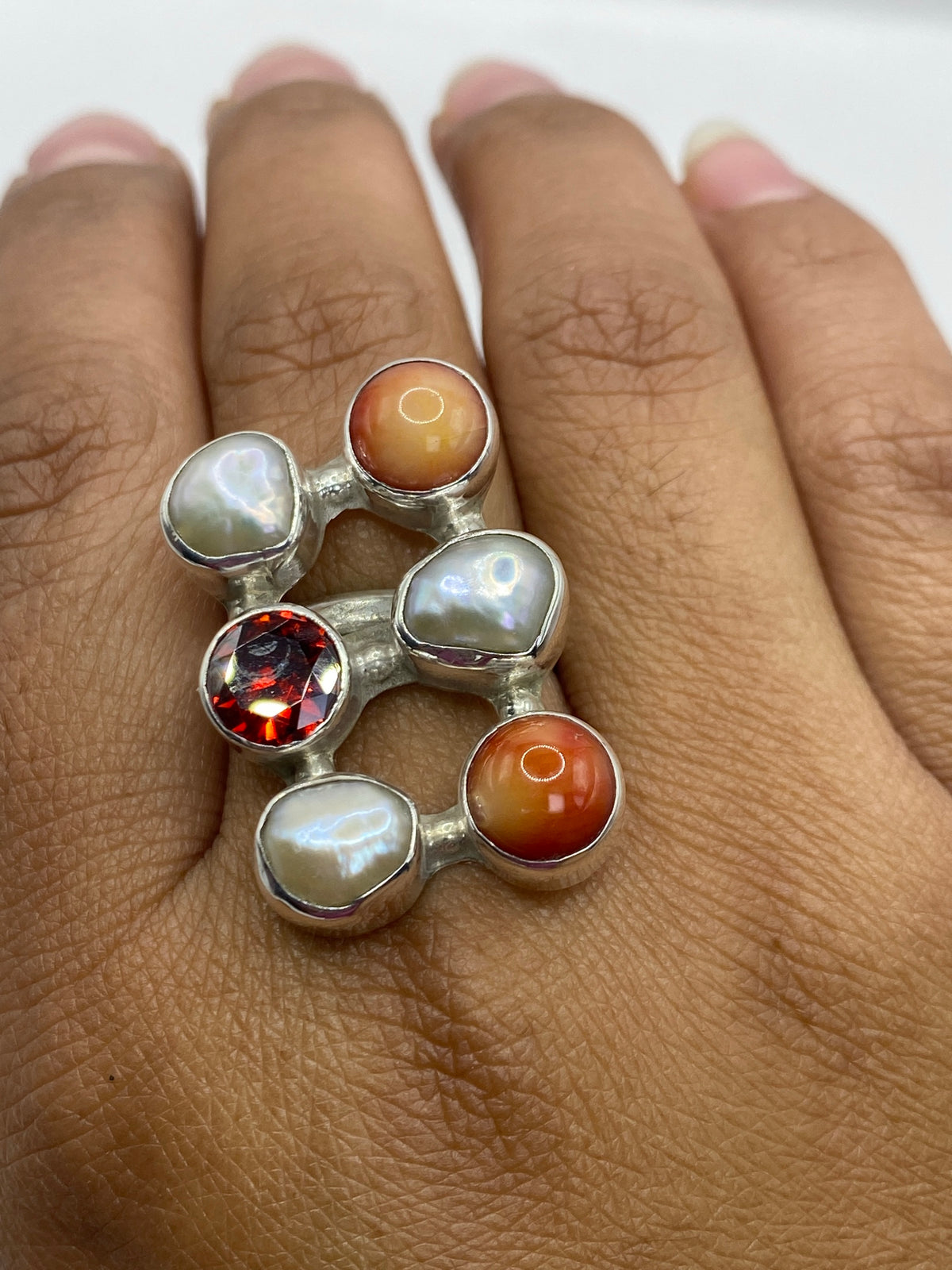 Anillo Ajustable Perla y Circonia Roja de Plata 925 — foto 6