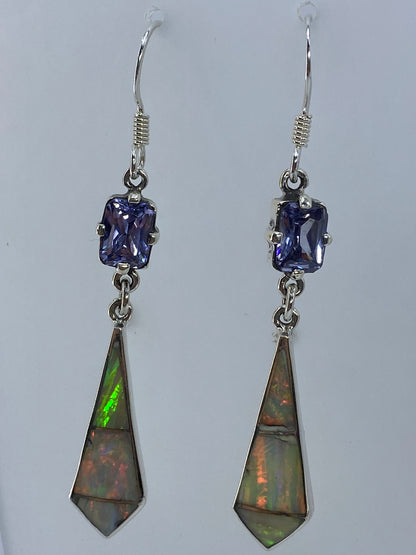 Par de aretes de plata con circonia azul y ópalo de fuego multicolor, largos y elegantes