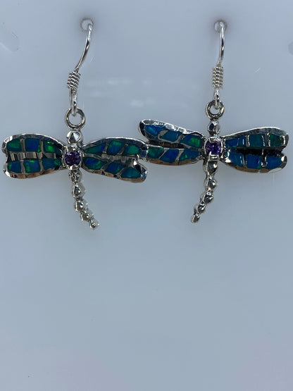 Aretes de plata 950 en forma de libélula con ópalo de fuego verde limón y circonia morada, par