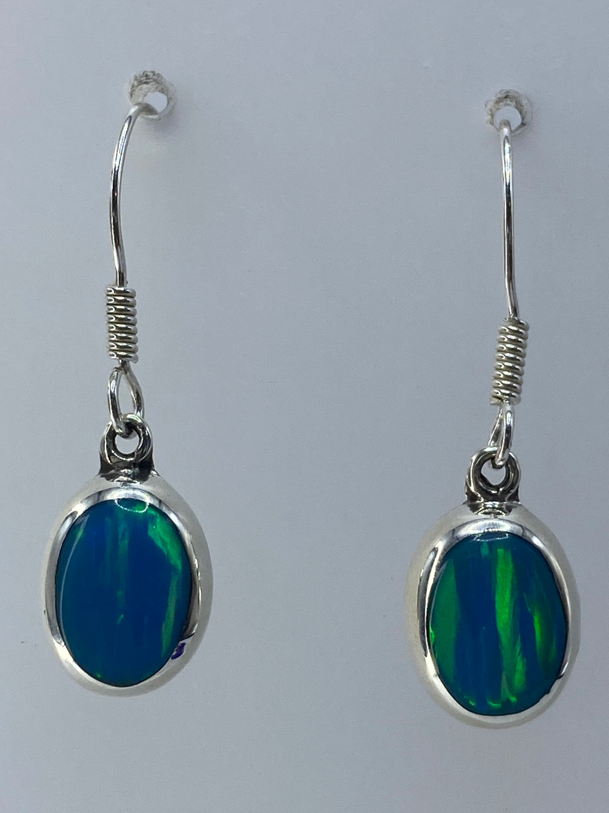Par de aretes de plata con ópalo de fuego verde olivo, 3 cm de largo, ganchos de plata pura