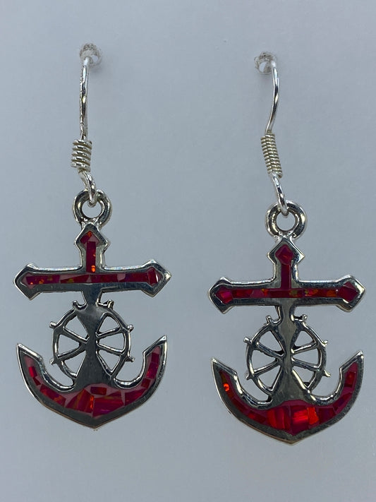 Par de aretes cruz marinera con ópalo de fuego rosa en plata 950