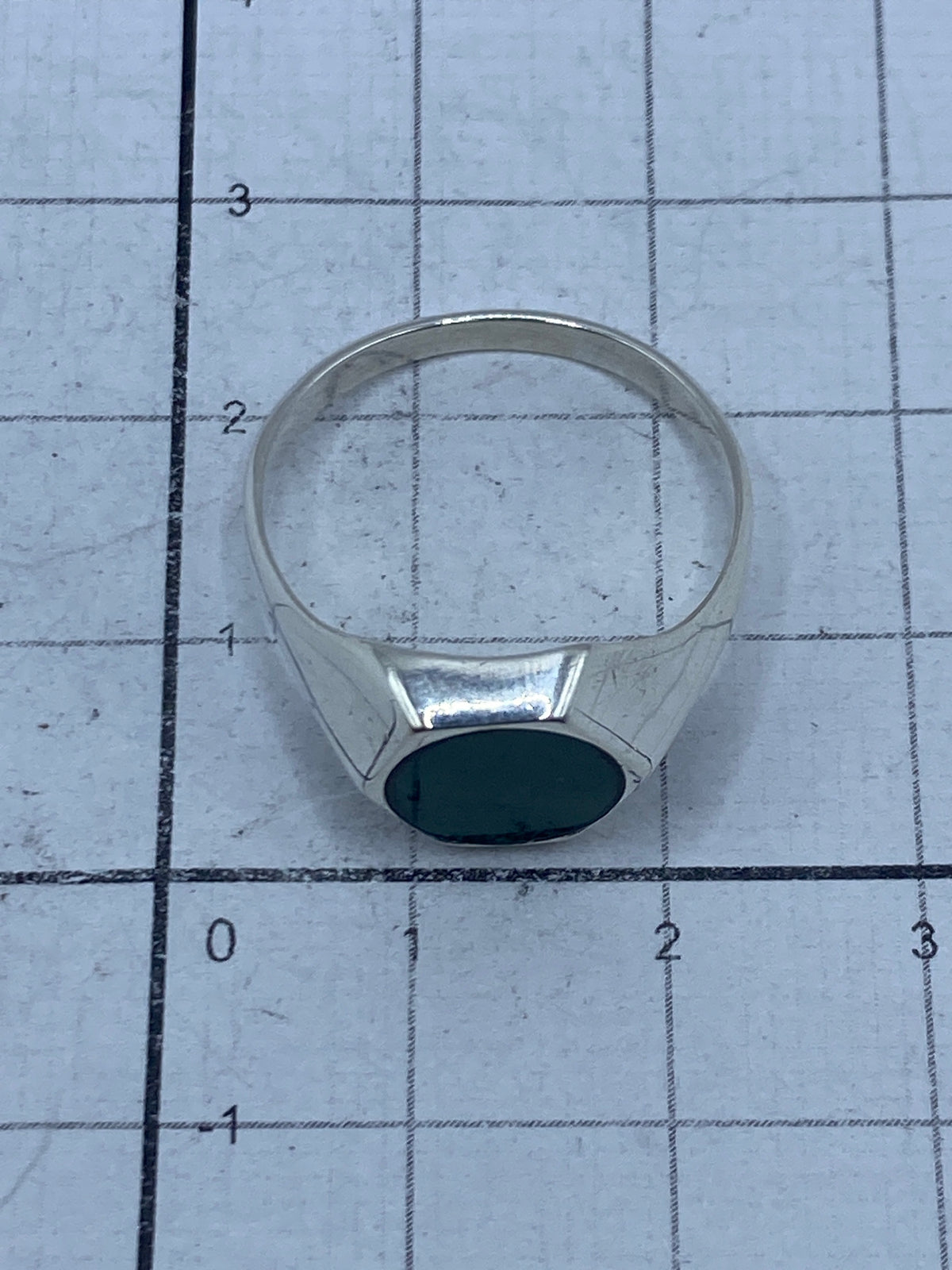 Anillo unisex de plata con malaquita, vista de perfil sobre fondo gris