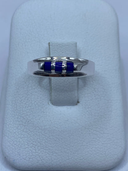 Anillo de plata 925 con tres franjas de lapislázuli azul engastadas a mano