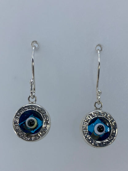 Par de aretes de plata 925 con piedra azul cielo y motivo prehispánico circular