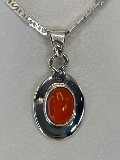 Dije de plata con piedra naranja en el pecho, suspendido de una cadena plateada