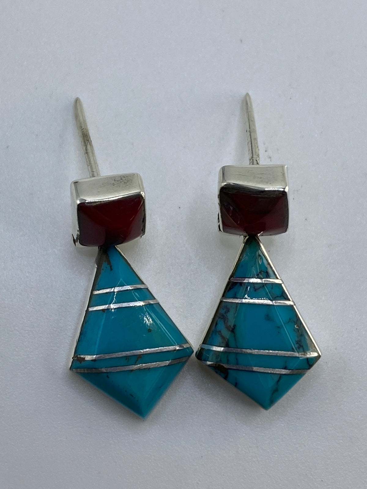 Aretes de Plata con Turquesa y Coral — Diseño Art Déco — foto 5