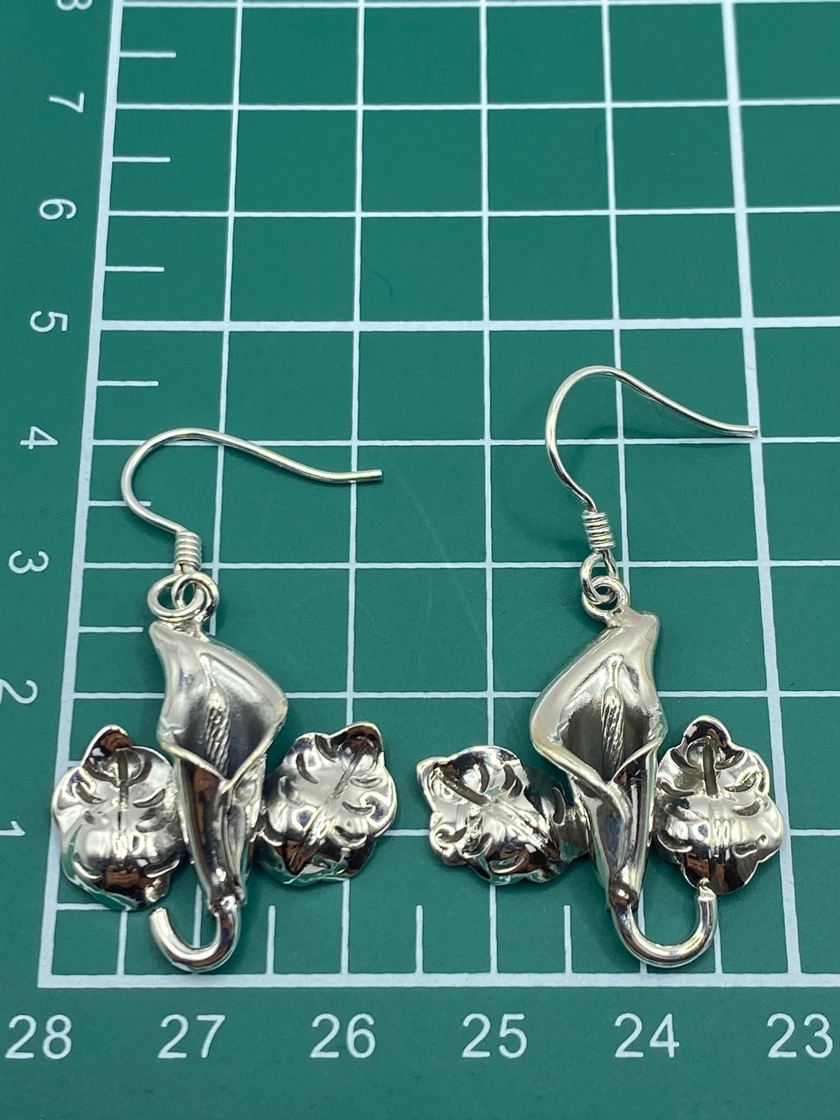Aretes en plata brillante mostrando el Quinto 925 y los ganchos de plata