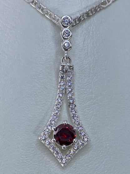 Dije de plata con circonia roja y micro-circonia cristalina, diseño geométrico tipo gota