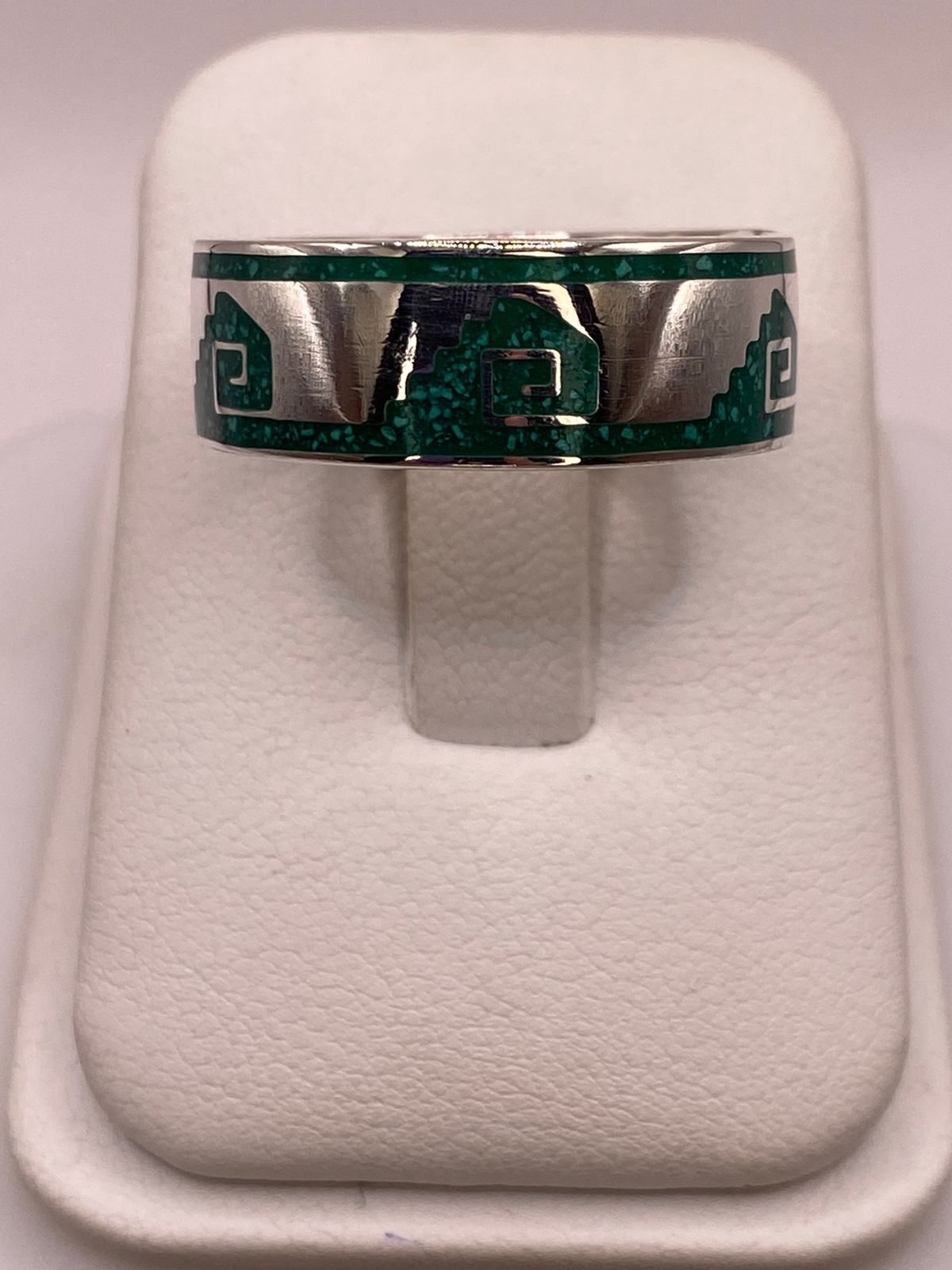 Anillo Artesanal de Malaquita con Greca Escalonada en Plata