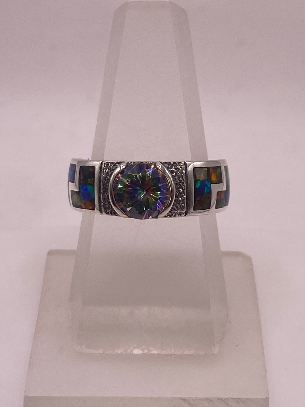 Anillo Artesanal de Plata Ley 950 con Ópalo de Fuego y Zirconia Mística Arcoíris