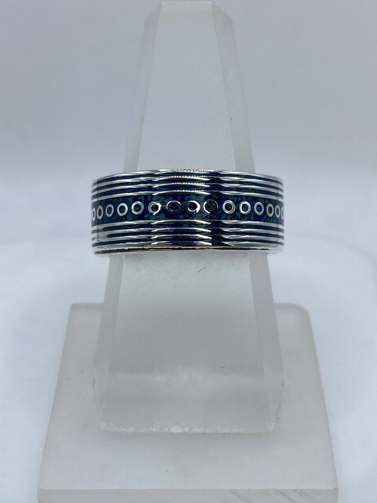 💙⚪ Anillo Banda Líneas y Círculos en Plata .925 con Turquesa Natural