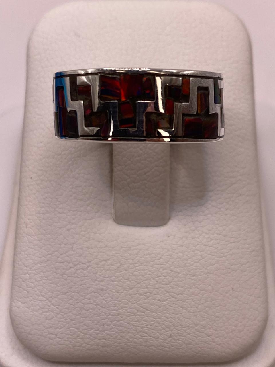 Anillo Banda en Plata Ley 950 con Ópalo de Fuego en Diseño Geométrico