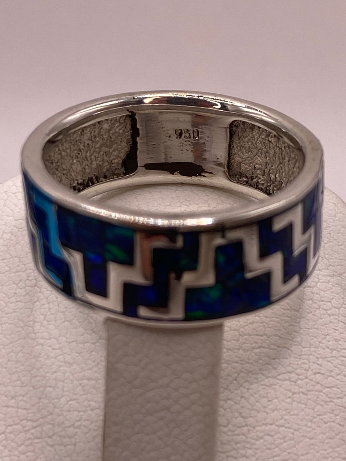 Anillo Banda con Incrustación Geométrica de Ópalo de Fuego Azul‑verde Plata Ley 950